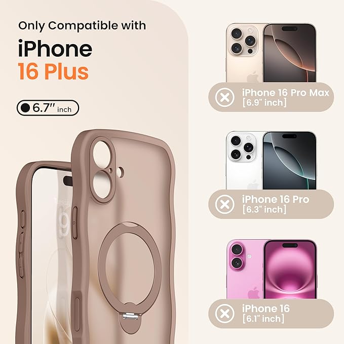 CAPRARO for iPhone 16 Plus Case with 360° Spin Magnetic Stand for Women, [Compatible with MagSafe] [Full Camera Protection] Cute Wave Translucent Matte Case for iPhone 16 Plus, Brown