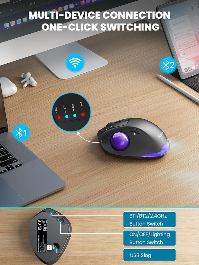 MAM1 Pro Wireless Trackball Mouse, Ergonomic Bluetooth Rechargeable Computer Mouse, Backlit Rollerball Thumb mice with 5 Level DPI, Adjustable Angle, 3 Devices Connection for PC, Windows - Purple Ball
