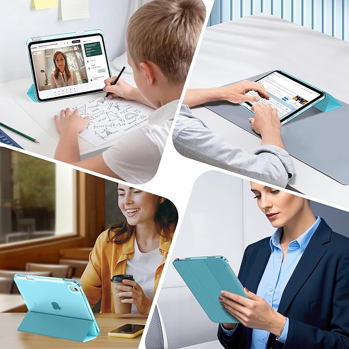 MoKo for iPad Air 11 inch Case (M4/M3/M2) 2026/2025/2024, iPad Air 5th/4th Gen 10.9 inch Case 2022/2020 with Pencil Holder, Slim Light Trifold Cover with Hard PC Translucent Back Shell, Azure
