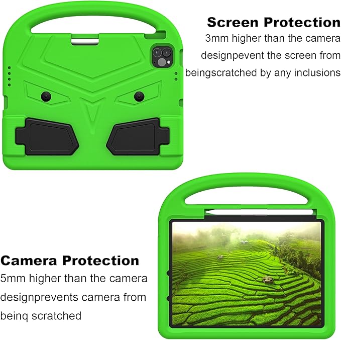Kids Case for Apple iPad Pro 11 inch M5/M4 Tablet (2025/2024) with Pencil Holder/Handle/Kickstand Slim Lightweight Cute Soft EVA Foam Shockproof Stand Cover for Boys Girls Teens, Green Bird