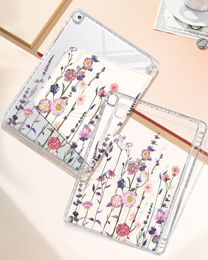 Shorogyt for iPad 9th/8th/7th Generation 10.2 Inch Case Magnetic Stand for Women - Cute Design 360 Degree Rotating Covers Girls Kids with Pencil Holder for Apple i Pad 9/8/7 Gen,Little Flower