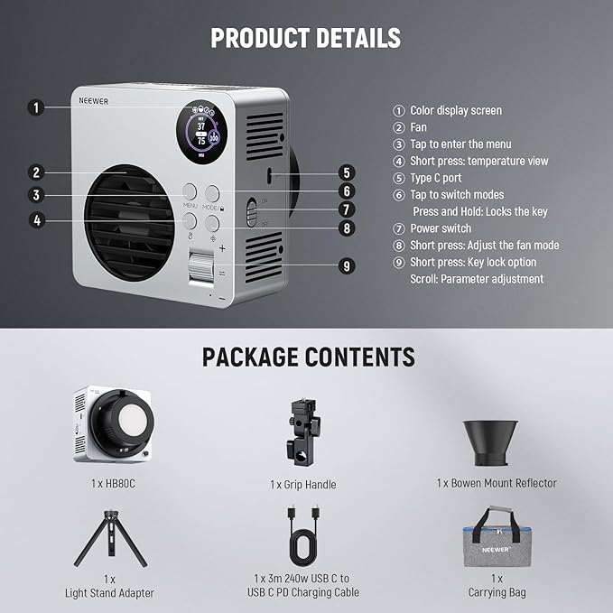 NEEWER HB80C RGBWW LED Video Light with Built-in 72Wh Battery & 100W PD Fast Charging, 80W Mini RGB COB Continuous Output Lighting Bowens Mount Handheld Spotlight 2500K-7500K, 10400lux/m, 18 Effects