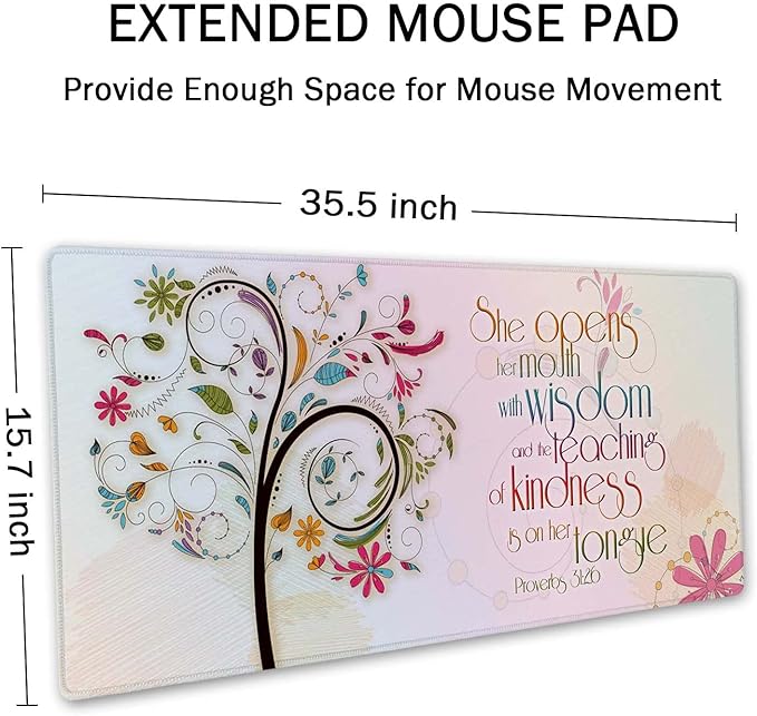 SSOIU Inspirational Christian Bible Verse Proberbs Quotes Extended Gaming Mouse Pad 35.5x15.7 in, Large Mouse Pad, She Opens Her Mouth with Wisdom and The Teaching of Kindness is on Her Tongue