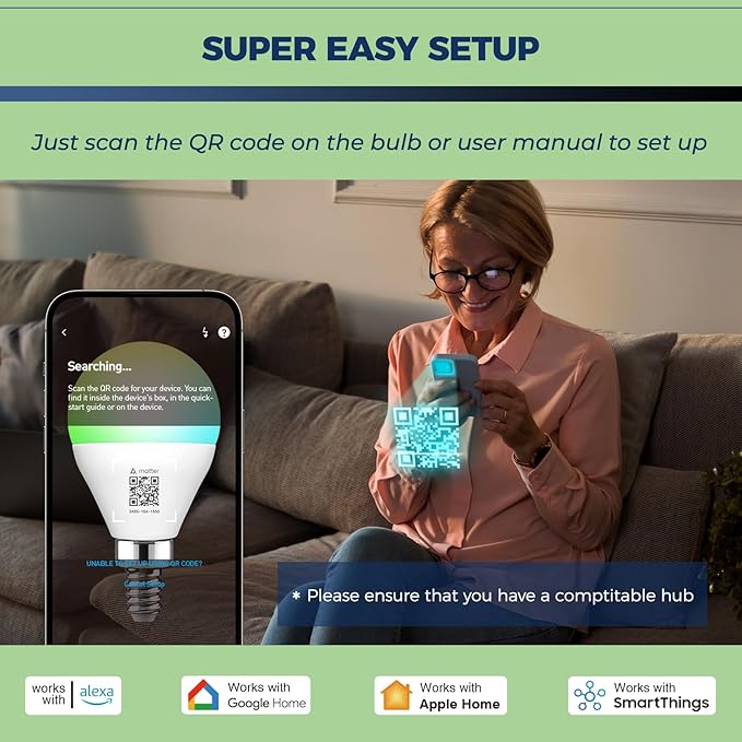 Lightinginside E12 Matter Smart Light Bulbs Compatible with Alexa/Siri/Apple Home/Google Home/SmartThings, G16.5 RGBCW Candelabra Ceiling Fan Bulb, 50W Equivalent 5W 550LM, 2.4G WiFi, ETL Listed, 4PCS