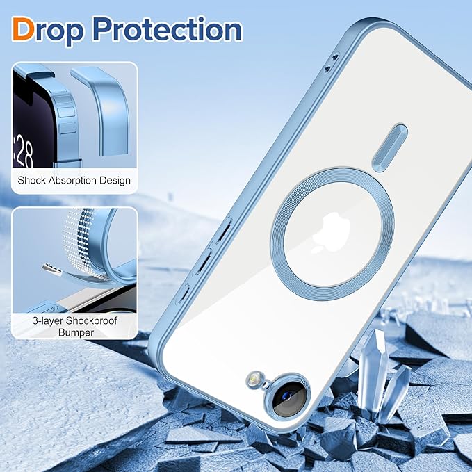 Hython Magnetic Clear for iPhone 17e Case with Camera Lens Protector [Compatible with MagSafe] Luxury Plating Edge Slim Soft TPU Cover Protective Phone Case for iPhone 17e 6.1", Matte Light Blue