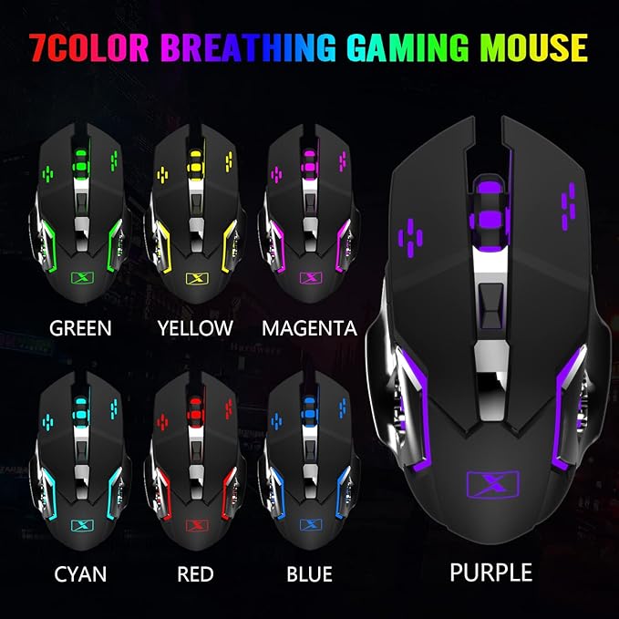 Wireless Gaming Keyboard and Mouse Combo,Rainbow LED Backlit Keyboard with Rechargeable 3800mAh Battery Metal Panel,Removable Wrist Rest Mechanical Feel and 7 Color Mute Gaming Mice for PC PS4 PS5