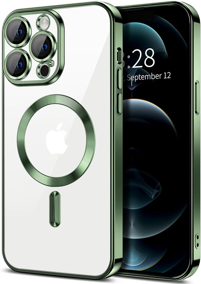 Hython Magnetic Clear for iPhone 12 Pro Case with Camera Lens Protector [Compatible with MagSafe] Luxury Plating Edge Slim Soft TPU Cover Protective Phone Case for iPhone 12 Pro 6.1", Deep Green