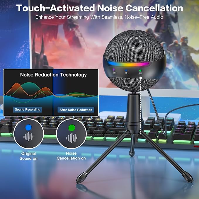 ZealSound Podcast USB Microphone for PC/Mac/iPhone, Cardioid Condenser Mic with Noise Reduction, Tap-to-Mute, RGB Lighting, Zero Latency Monitoring, Volume Control for Gaming, Recording, YouTube