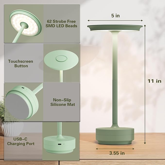 Cordless Rechargeable Table Lamps,Portable 5000mAh Battery Desk Lamp IP54 Waterproof 3 Color Stepless Dimming LED Table Light,Patio,Restaurant, Cafe, Dining Table Decor(2P Apple Green)