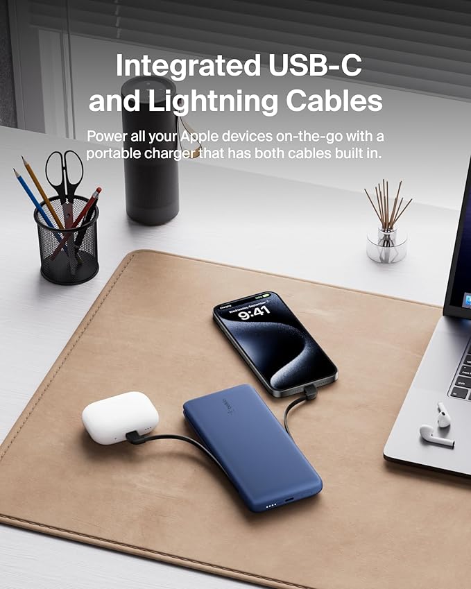 Belkin Portable Charger Power Bank for iPhone/Android (10,000mAh), 23W Battery Pack with Integrated USB-C, Lightning Cables, Pass-Through Capability, Charge 2 Devices at Once, Phone Charger Power Bank