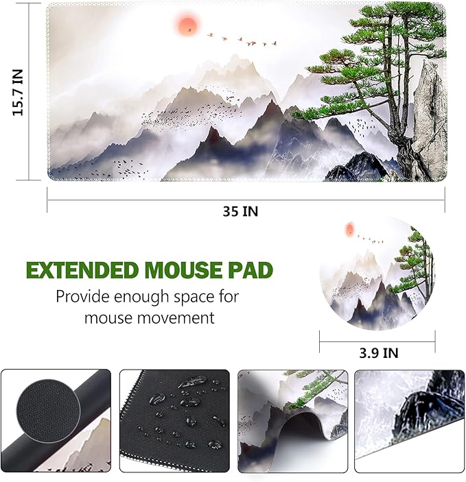 AIMSA Extended Gaming Mouse Pad, XL Large Keyboard Mouse Mat Desk Pad with Stitched Edges, Durable Non-Slip Base Landscape Mousepad for Home Office, 35x15.7inch, Pine Tree Mountains