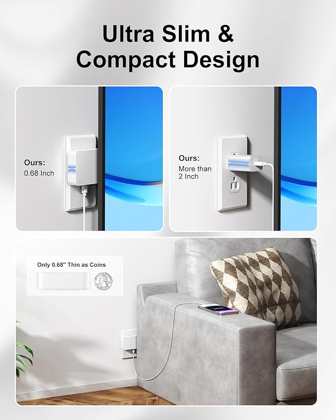 Flat USB Wall Charger 4 Ports Slim 35W USB-C/A Flodable Plug Fast Charging Block for iPhone 8/9/10/11/12/13/14/15 Multiport Power Charging Adapter for ipad and Galaxy Series S8-10 White