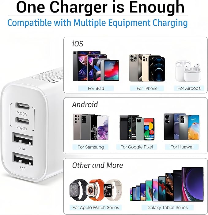 USB C Charger Block, 40W 4 Ports USB-C Wall Charger Plug Fast Charging, QC Multiport Adapter, USB A Type C Box Brick Cube Compatible with iPhone 17 16 15 14 13 12 Pro Max, & for Samsung Galaxy