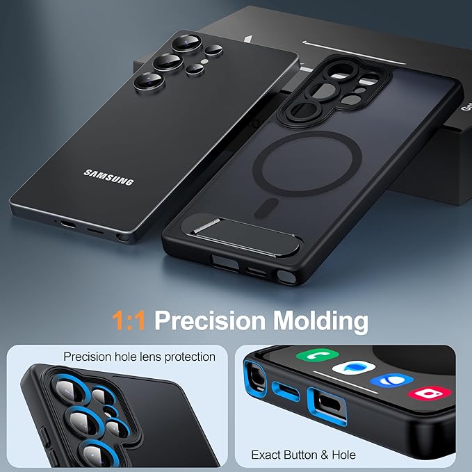 Magnetic for Samsung Galaxy S25 Ultra Case, [Compatible with MagSafe][Full Camera Protection][Built-in Invisible Kickstand] Translucent Matte Phone Case for S25 Ultra 6.9" - Black