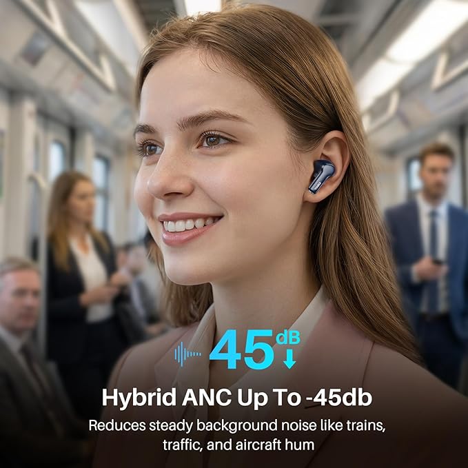 TOZO Hybrid Active Noise Cancelling Wireless Earbuds with 6 Mics AI Clear Call Ear Buds 68H Playtime with LED Display 32 Preset EQs via APP Bluetooth 5.3 IPX8 Waterproof in Ear Headphones