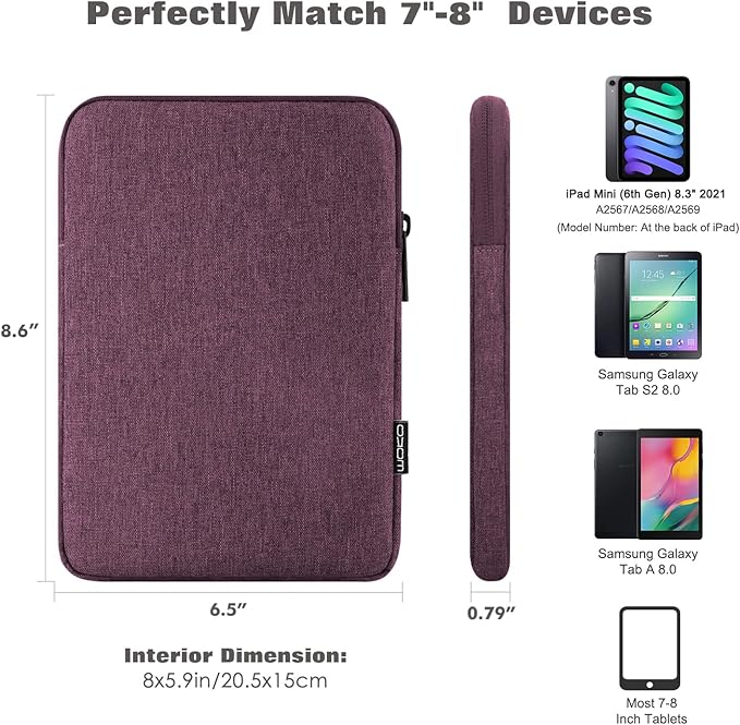 MoKo 7-8 Inch Tablet Sleeve Bag, Polyester Pouch Cover Case Fits iPad mini (A17 Pro) 8.3" 2024, iPad mini 6/5/4/3/2/1, Samsung Galaxy Tab S2 8.0, Tab A 8.0, ZenPad Z8s 7.9,Purple