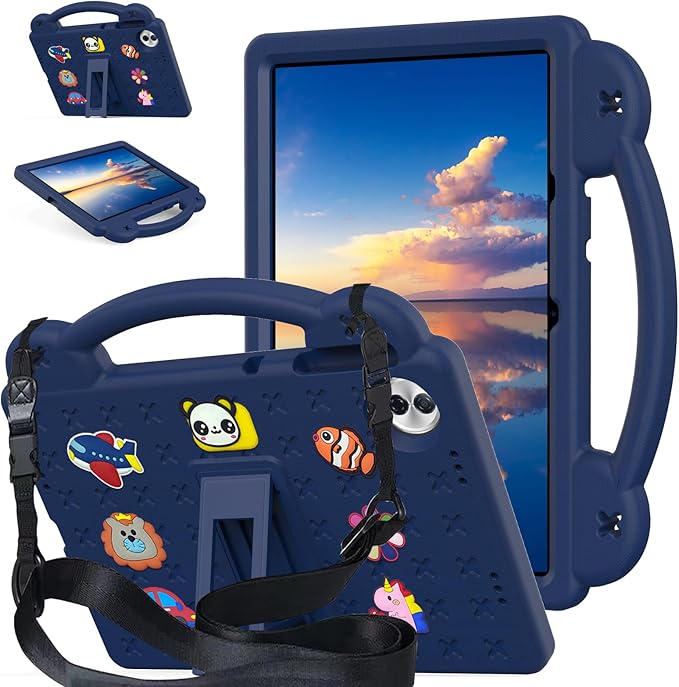 AKABEILA Compatible with Honor Pad 10 2025 12.1 inch Tablet Case, Kids Friendly Universal Lightweight Shockproof Protective Case with Shoulder Strap & Stand Handle Navy Blue