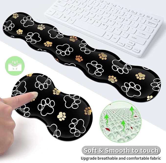 Gaming Mouse Pad XXL Large Desk Mat Non-Slip Rubber Mice Pads Stitched Edges(31.5x11.8 in) Ergonomic Premium Memory Foam Keyboard Wrist Rest and Cute Dog Paw Prints Extended Black Mouse Pad Set