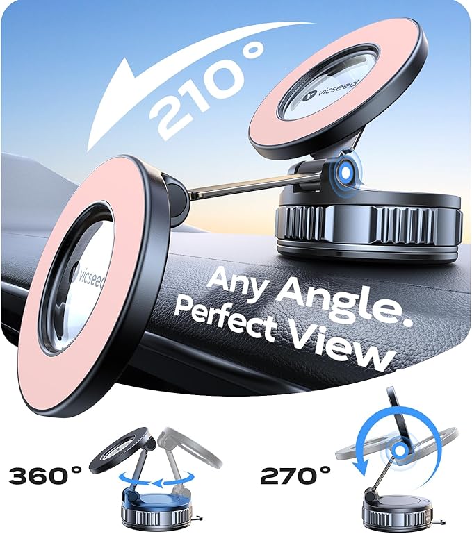 VICSEED 2026 Upgraded Car Phone Holder for Magsafe Car Mount [85 LBS Strongest Suction] Vacuum Magnetic Phone Holders for Your Car 360° Adjustable Car Phone Mount for iPhone 17 Pro Max 16 15 14 Pink