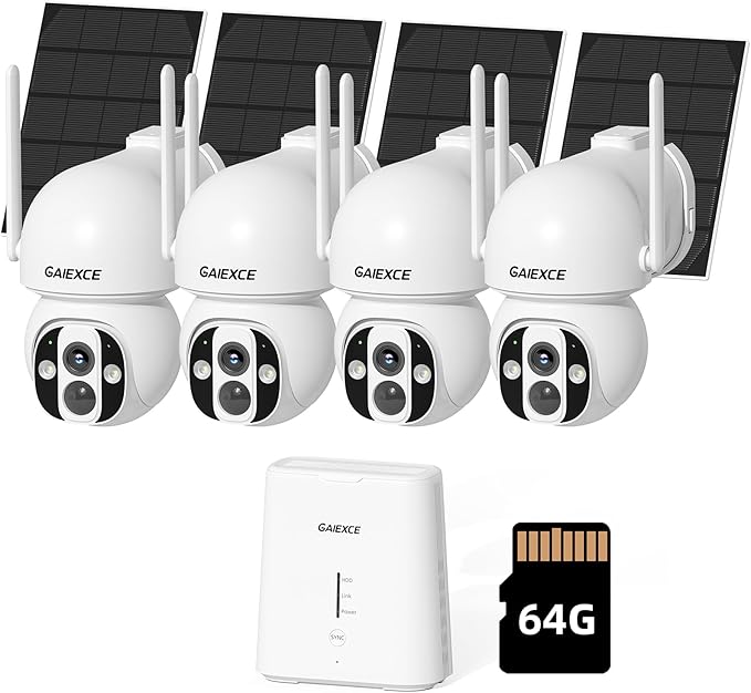 Solar Camera Outdoor Wireless, No Subscription, Expandable to 10CH, 4 Cam Kit Home Security Camera System, 4MP Color Night Vision, 360° Pan&Tilt, PIR/AI Detection, Works Offline & 2.4G/5G WiFi