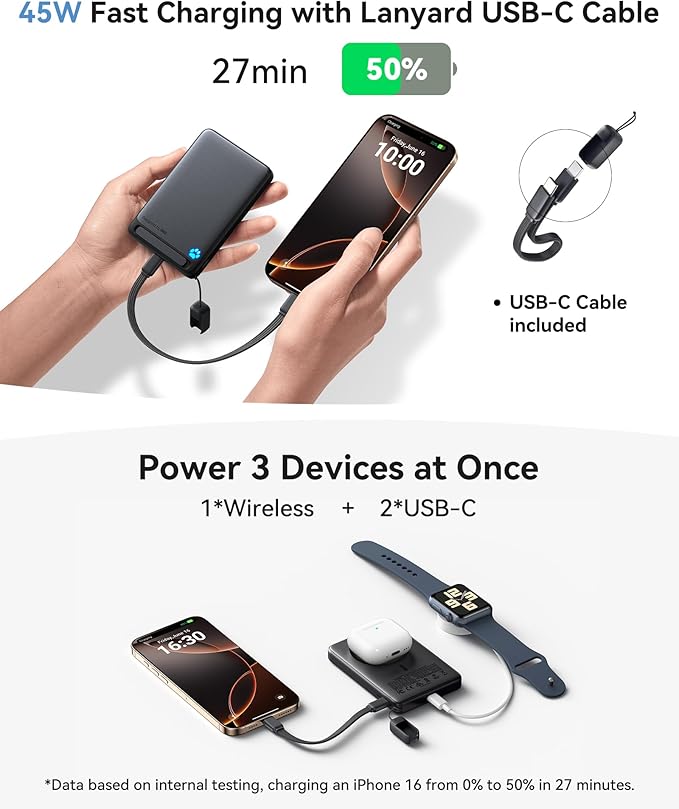 INIU Magnetic Power Bank, 15W Wireless Charging, Fast Charging with Attached USB-C Cable, Battery Pack with Stand