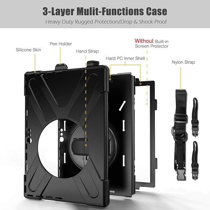Case for Microsoft Surface Pro 7 Plus/Pro 7/6/5/2017/4/LTE 12.3 Inch Tablet, Heavy Duty Shockproof Protective Rugged Cover With Rotating Stand, Hand Strap, Shoulder Strap - Black