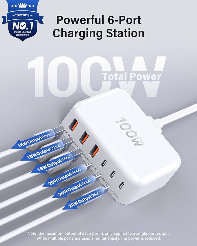 [2026 Updated] USB C Fast Charger, 100W GaN 6 Port Type C Charging Station Hub Block Cube, USB C Wall Charger Power Strip Adapter Plug for iPad iPhone 17 16 15 14 Pro Max Pixel Note Galaxy, 5ft Cord
