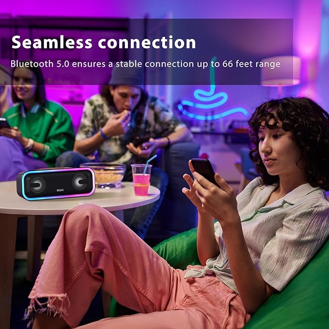 DOSS SoundBox Pro+ Bluetooth Speaker, Immersive 24W Stereo Sound with Booming Bass, IPX6 Waterproof, 15H Playtime, Mixed Colors Lights, Wireless for Backyard, Hiking, Garage, Party-Black