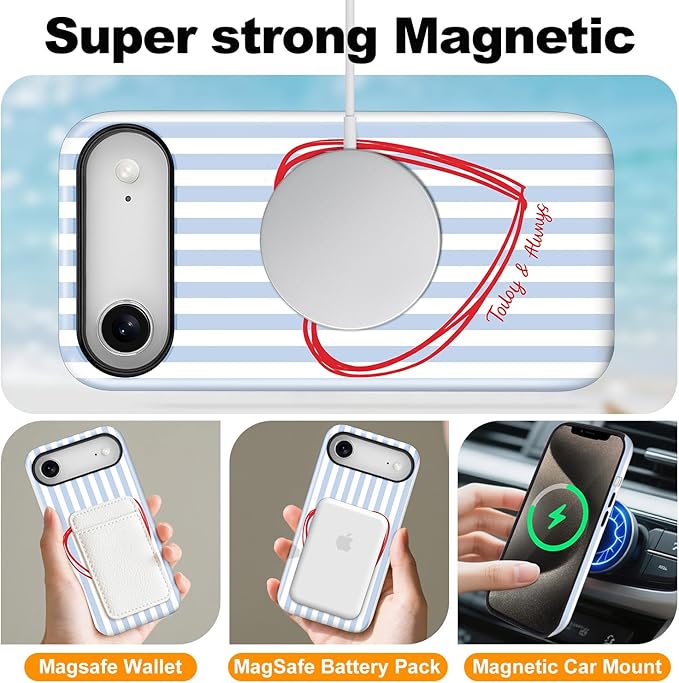 Magnetic for iPhone 17 Air Case Cute Blue Heart Stripes Phone Case, Love Shockproof Slim TPU and Hard PC Protective Phone Cover Compatible with MagSafe Designed for Women Girls