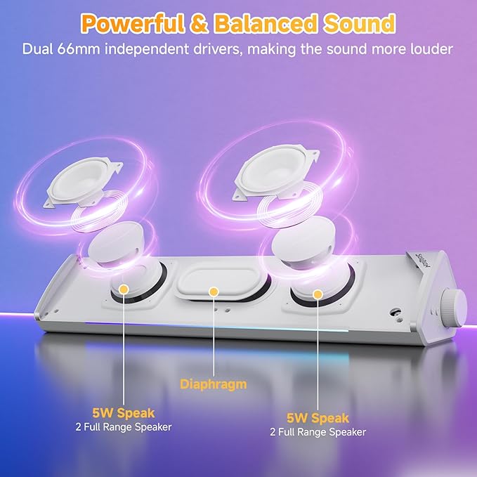 SOULION Computer Speakers, USB-Powered Bluetooth PC Soundbar with Dynamic RGB LED Lights, Surround Sound for Desktop, Laptop, Office, Work, Music & Gaming White (USB-C to USB Adapter Included)