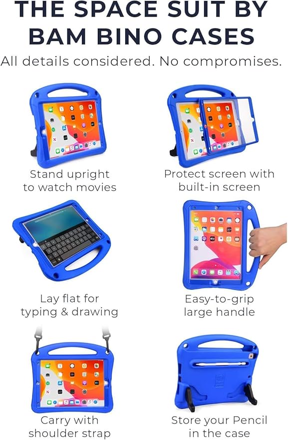 Bam Bino Space Suit iPad 9th Generation Case Kids, iPad 8th/7th/10.2 inch iPad Case for Kids | Lightweight Cover with Screen Protector, Handle, Stand, Shoulder Strap, Pencil Holder (Galactic Blue)