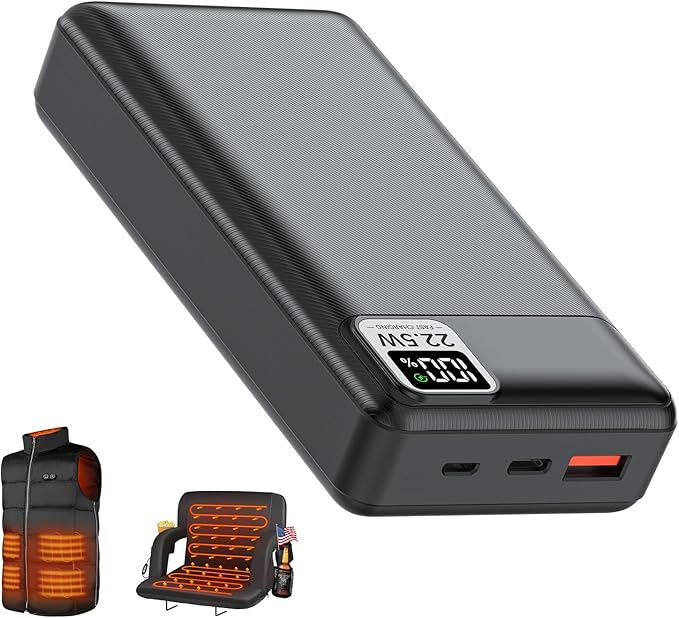 5V 2A 3A 20000mAh Battery Pack for Electric Heated Camping Chair, Stadium Seat Cushion, Vest, Jacket, Blanket - Digital LCD Screen PD20W Fast Charging Power Bank for iPhone, iPad and More