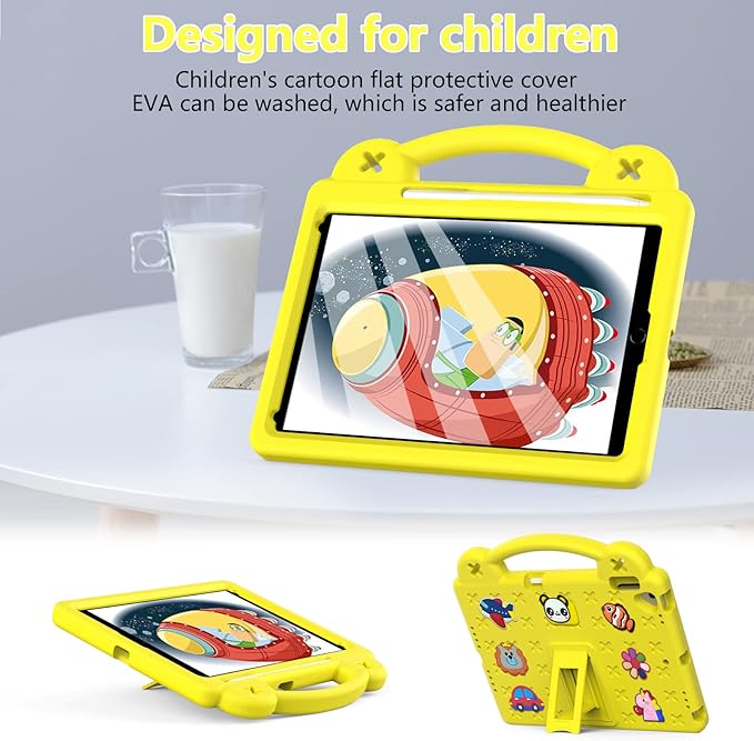 Dteck for iPad 9th/8th/7th Generation 10.2" Kids Case,Cartoon Panda Shockproof Rugged Lightweight Convertible Handles Stand Kid Friendly Case with Pencil Holder for iPad 10.2 2021/2020/2019,Yellow