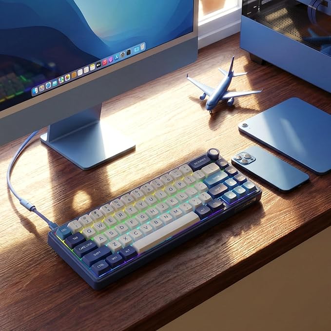 RK ROYAL KLUDGE R65 Wired Gaming Keyboard with Volume Knob, 60% Percent RGB Backlit Mechanical Keyboard Gasket Mount with PBT Keycaps, MDA Profile, QMK/VIA, 66 Keys Hot Swappable Cream Switch, Blue