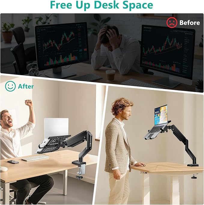WALI Single Arm Laptop and Monitor Desk Mount for 17" Notebook and Up to 32" Screen, 2-in-1 Adjustable Monitor Arm with Laptop Tray, VESA 75x75 100x100,Holds 22-26.4 lbs, Black (GSMP001NLP)