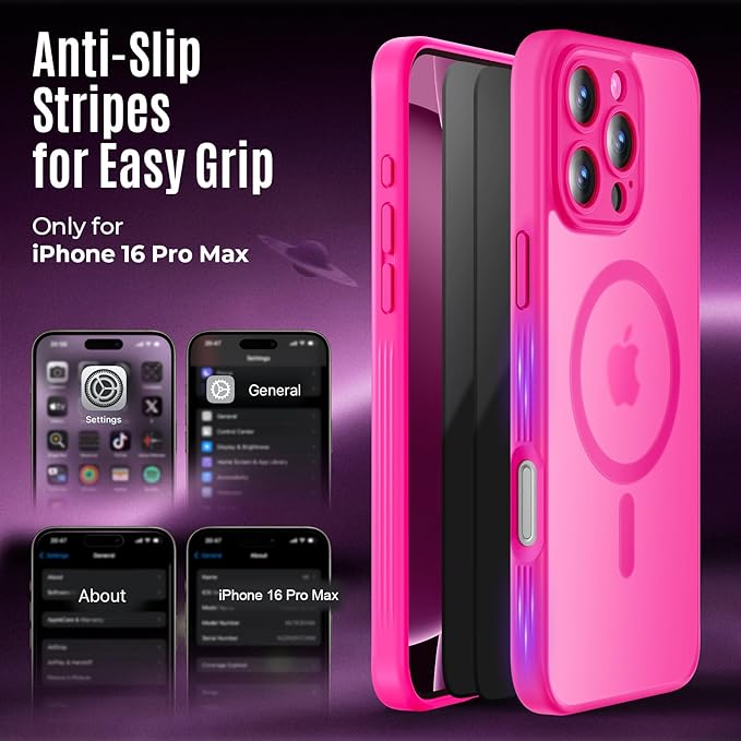 Symcele Designed for iPhone 16 Pro Max Case, Compatible with MagSafe, with Privacy Screen Protectors X2, [Camera Protection] [15FT Military Drop Protection] Shockproof Phone Case, 2024, Hot Pink