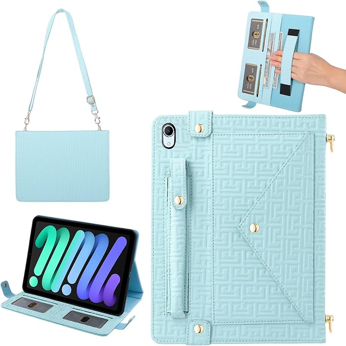 Handbag Case for iPad Mini 7 2024/Mini 6th Generation Case, Techcircle Elegant Crossbody PU Leather Folio Envelope Pocket Stand Cover with Hand Strap+Shoulder Strap+Pencil Holder+Card Slots, Baby Blue