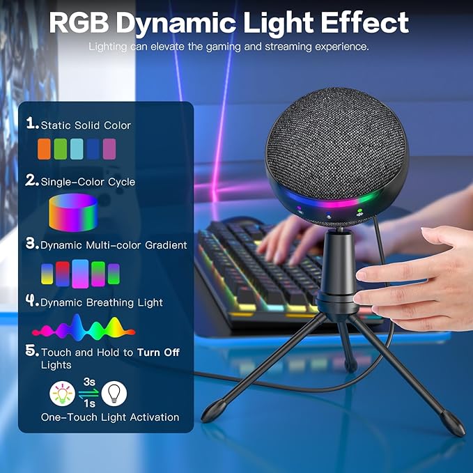 ZealSound Podcast USB Microphone for PC/Mac/iPhone, Cardioid Condenser Mic with Noise Reduction, Tap-to-Mute, RGB Lighting, Zero Latency Monitoring, Volume Control for Gaming, Recording, YouTube