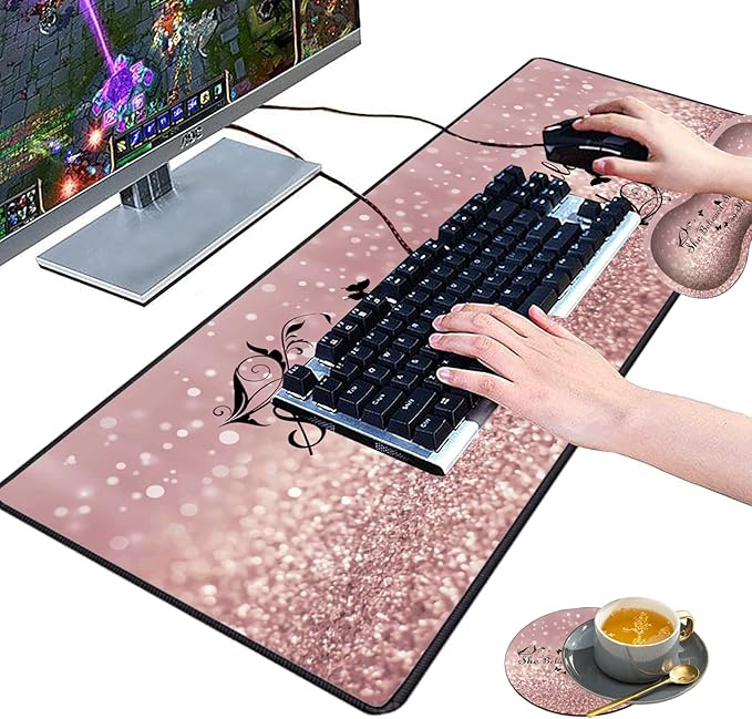 3 Piece Mouse Pad Set with Stitched Edge Large Anti-Slip Mouse Pad Desk Pad Keyboard Pad + Wrist Rest Pad + Coaster, Memory Foam Wrist Rest for Office/Home - She Believed She Could So She Did
