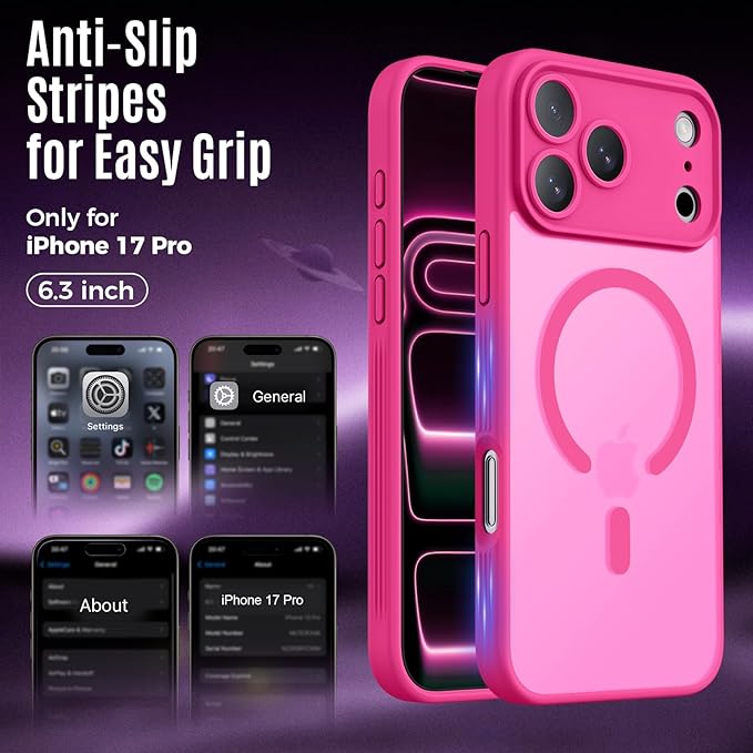 Symcele Designed for iPhone 17 Pro Case, Compatible with MagSafe, [Camera Protection] [15FT Military Drop Protection] Shockproof Translucent Matte Anti-Slip Phone Case, 6.3", Hot Pink