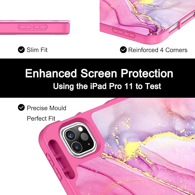 Soke for iPad Pro 11 Case (M2) 2022/2021/2020 with Pencil Holder - [Full Body Protection + Apple Pencil Charging + Auto Wake/Sleep], Soft TPU Back Cover for 2022 iPad Pro 11 inch(Hot Pink Marble)