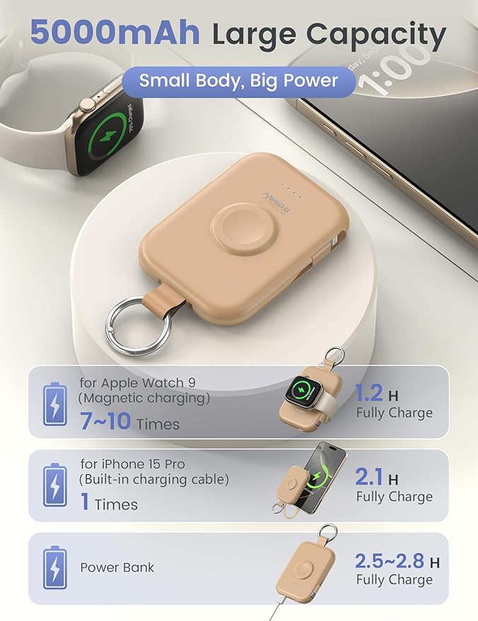 RORRY Portable Charger, 5000mAh Portable Charger Power Bank with Built-in Cables, Travel Keychain Battery Pack for Apple Watch Ultra/11/10/9/8/7/6/SE, iPhone Air/17/16/15/14/13/12, Honey Beige
