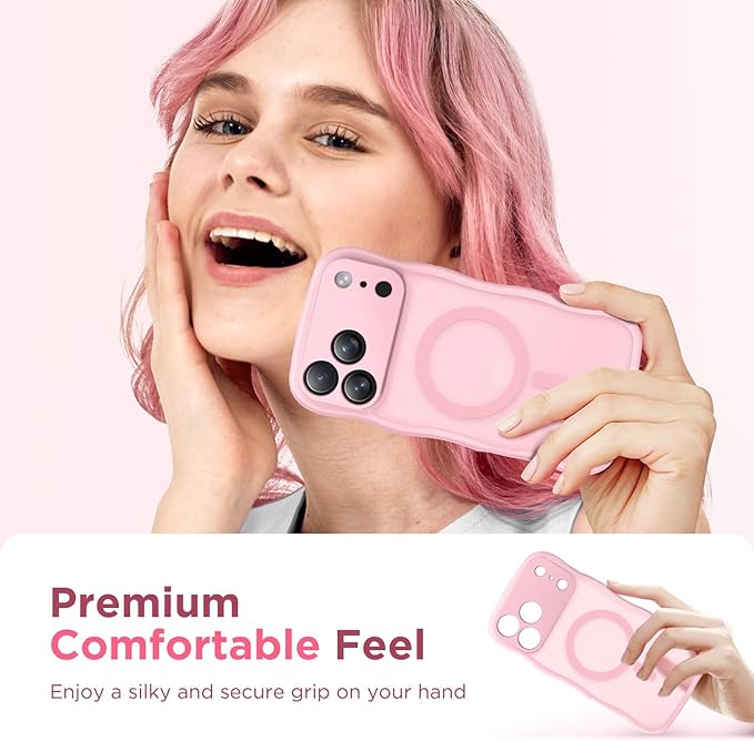 CAPRARO Magnetic for iPhone 17 Pro Case for Women Girls, Upgraded [Full Camera Protection] [Compatible with MagSafe] Cute Wave Translucent Matte Phone Case for iPhone 17 Pro, Peach Pink
