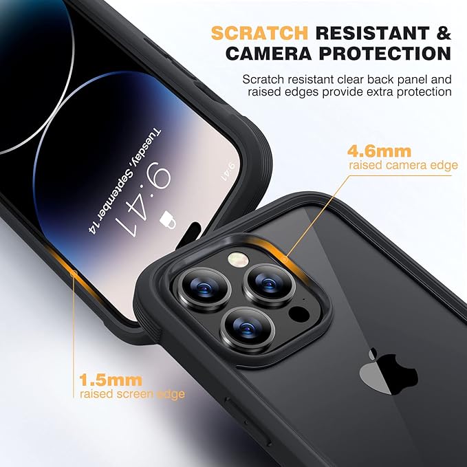 Diaclara Designed for iPhone 14 Pro Max Case 6.7, [2023 Upgraded] Full Body Rugged Case with Built-in Touch Sensitive Anti-Scratch Screen Protector +9H Tempered Glass Camera Lens Protector(Black)