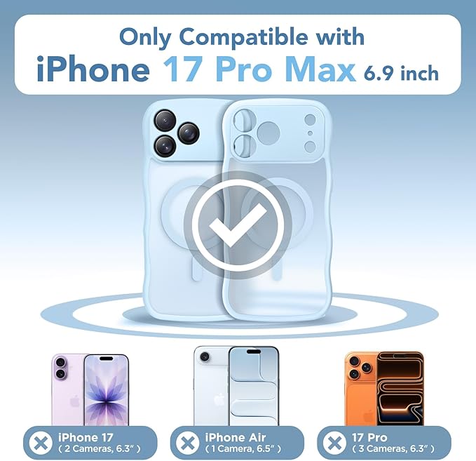 CAPRARO Magnetic for iPhone 17 Pro Max Case for Women Girls, Upgraded [Full Camera Protection] [Compatible with MagSafe] Cute Wave Translucent Matte Phone Case for iPhone 17 Pro Max, Light Blue