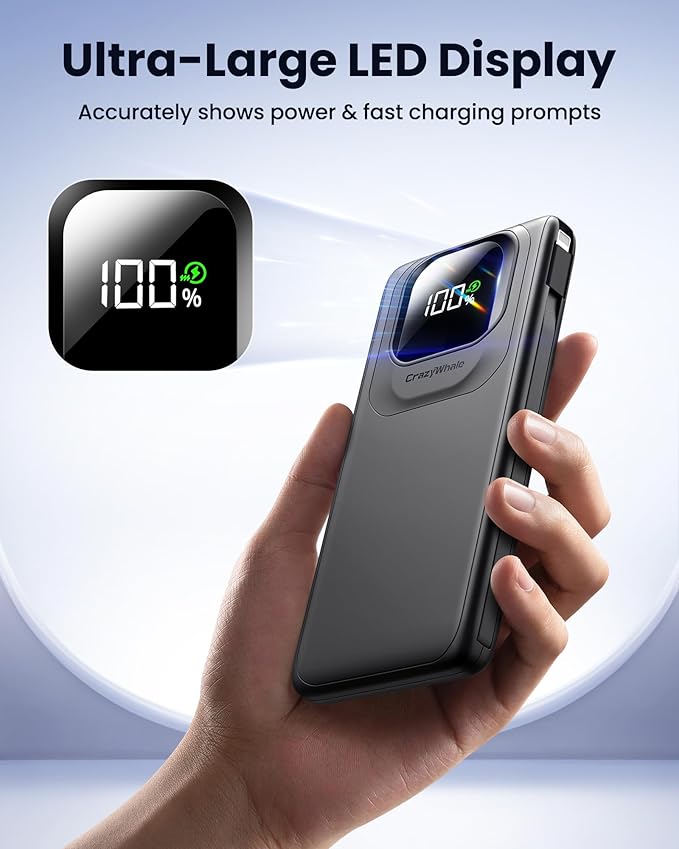 Portable Charger with Built-in Cables,22.5W Super Fast Charging Power Bank Slim Phone Charger,10000mAh Travel Battery Pack Battery Bank with Smart LED Display for iPhone, Android & USB-C