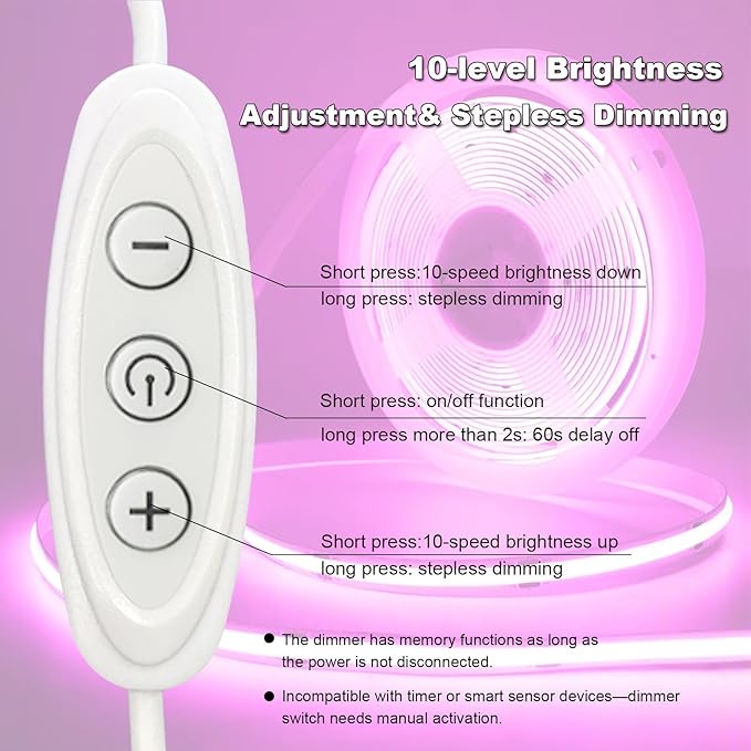 Pink LED Strip Lights USB 5V 4.9ft Small Dimmable COB Light Strip with USB Dimmer Switch for Bedroom, Gaming Setup, TV Backlighting, Vanity Mirror, DIY Crafts, Pink Room Decor