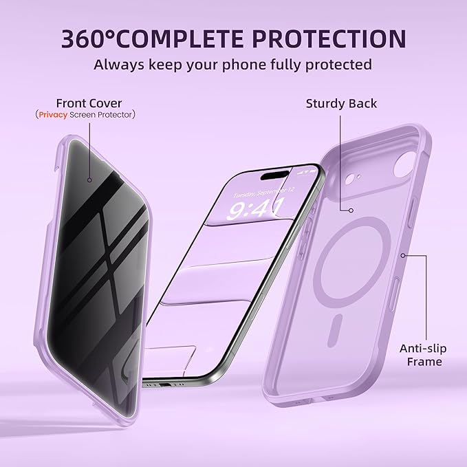 BERFY for iPhone Air Case, Compatible with MagSafe, Built-in Privacy Screen Protector, Camera Protection, Shockproof Full Body Phone Case 6.5", Translucent Purple