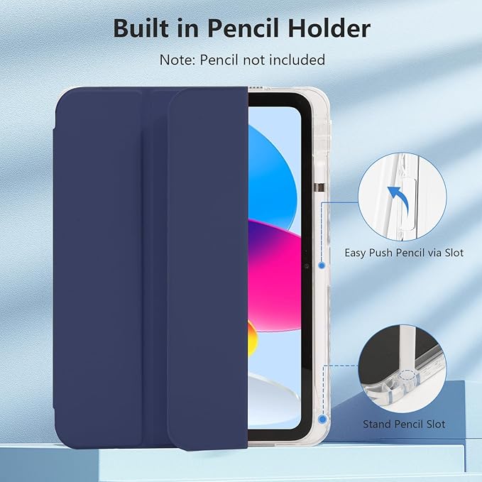 Case for iPad A16 11th Generation 11" 2025, iPad 10th Generation 10.9 Inch 2022, Hybrid Protective Cover with Pencil Holder, Clear Transparent Back Shell Anti-Yellowing Case, Dark Blue