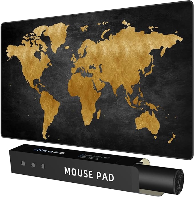 Rinaze Mouse Pad Desk Mat, Multifunctional Large Gaming Mousepad, Office Desk Pad with Washable Durable Design, Keyboard Pad in Black World Map